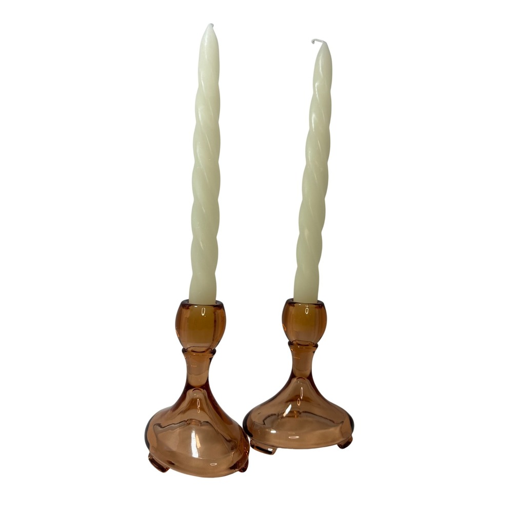 Vtg Fostoria Amber Glass Candlestick Holders Set of 2 Mid Century Modern Taper